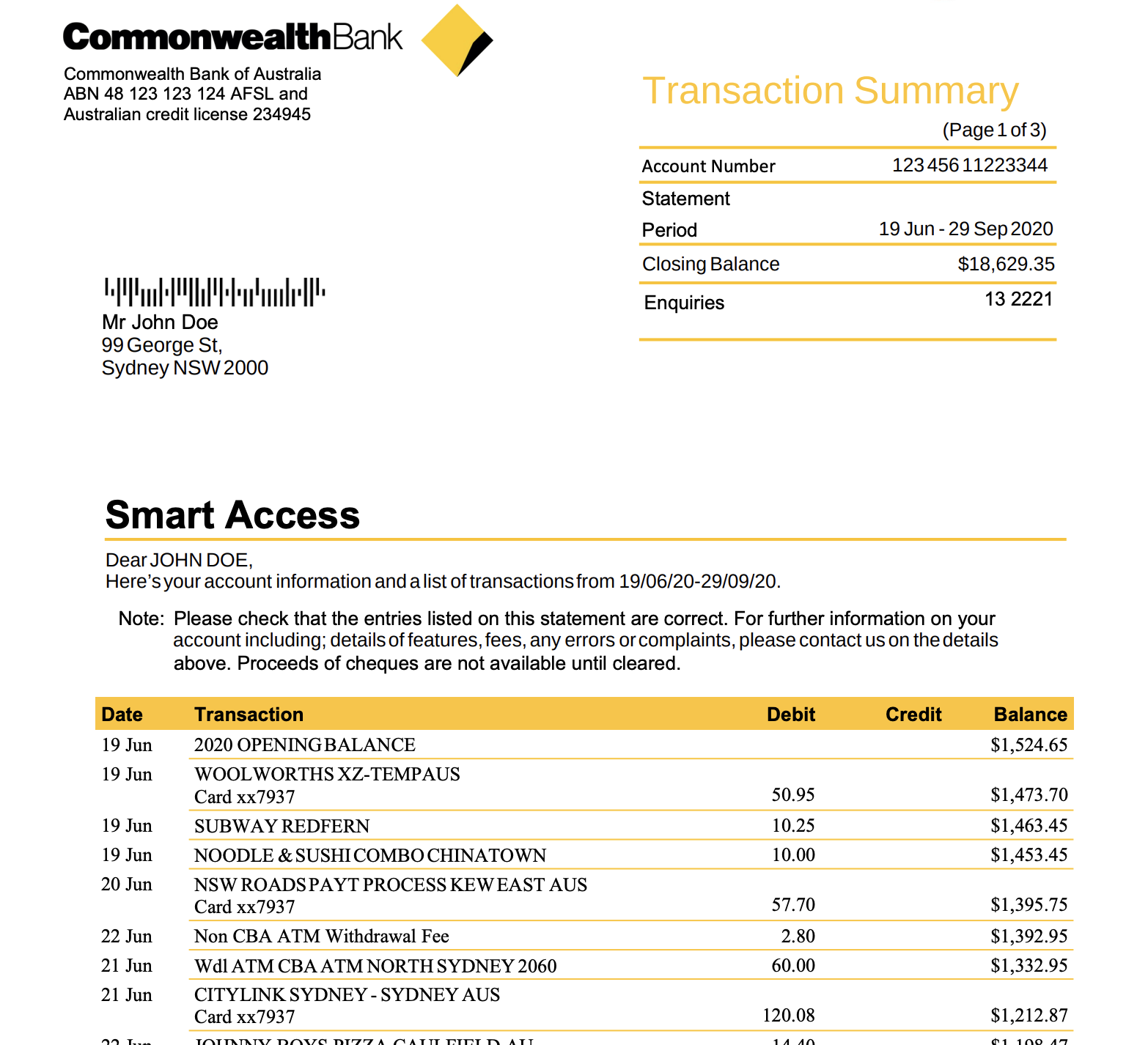 Example Statement with single and multi-line transactions